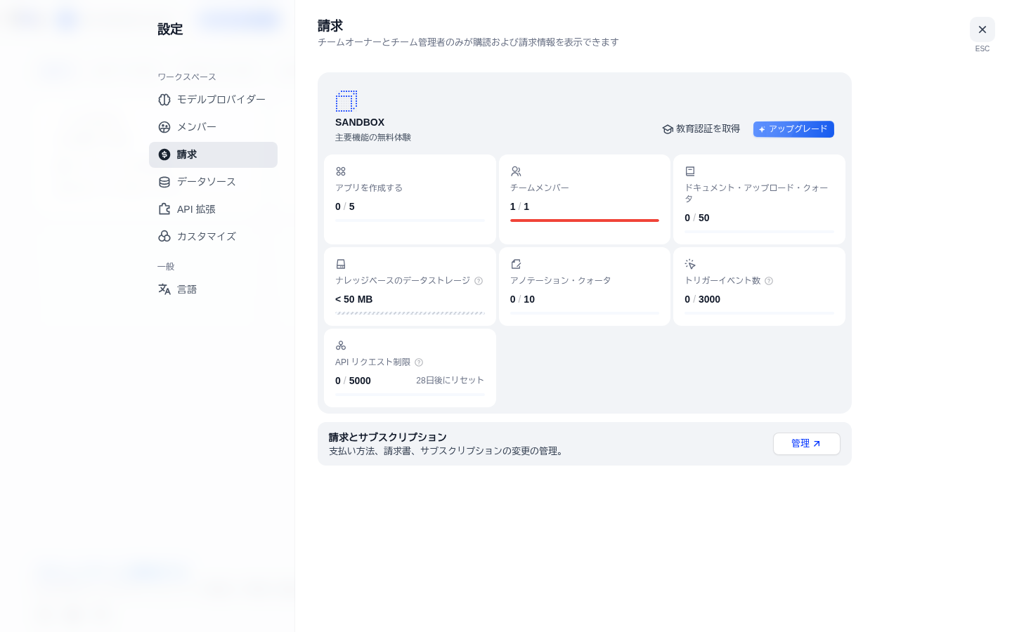 設定の請求タブ。SANDBOXプランと、アプリ0/5・チームメンバー1/1・ドキュメント0/50・ストレージ50MB未満・アノテーション0/10・トリガー0/3000・APIリクエスト0/5000 の上限が表示されている